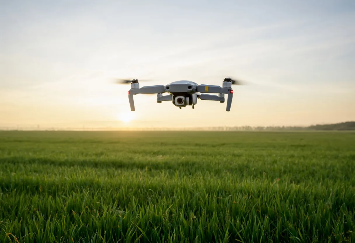 Drone Hovering above a Field at dusk
