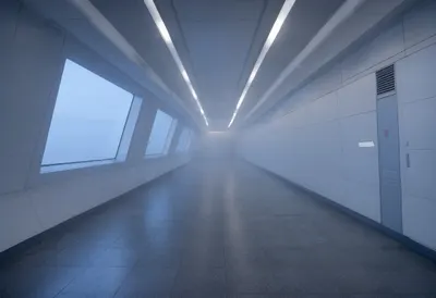 Futuristic Corridor in Fog at dusk