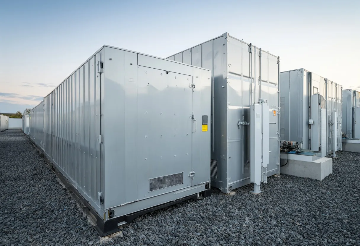 Battery Storage Containers at dusk