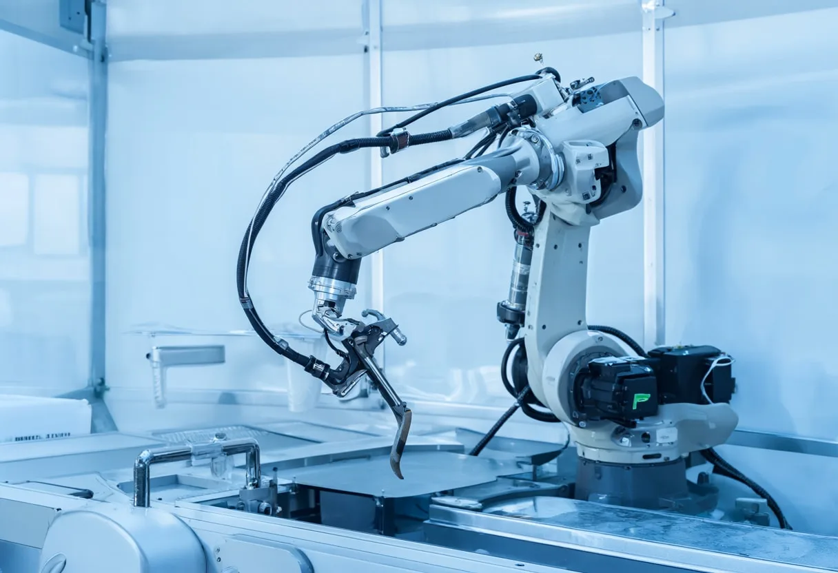Robot Arm on an Assembly Line with cool blue light