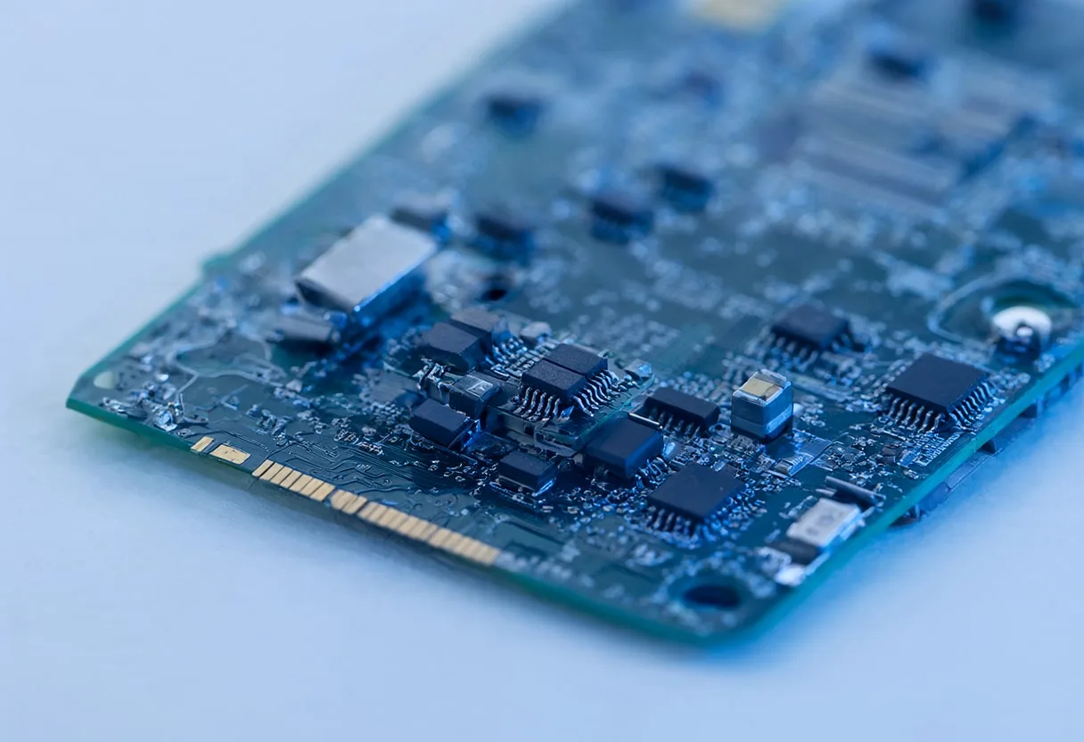 Circuit Board Macro with Shallow Depth with cool blue light