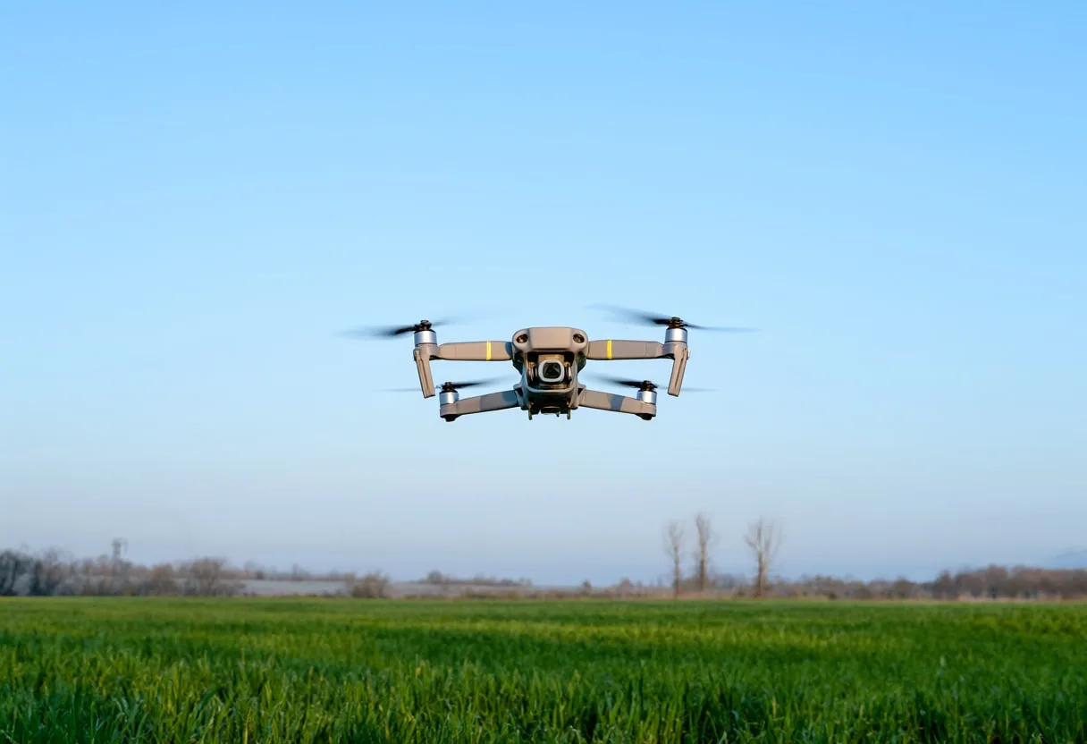 Drone Hovering above a Field with cool blue light