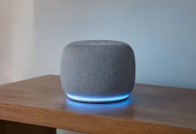 Smart Speaker on a Shelf with cool blue light