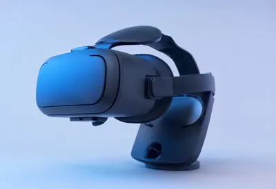 VR Headset on a Stand with cool blue light