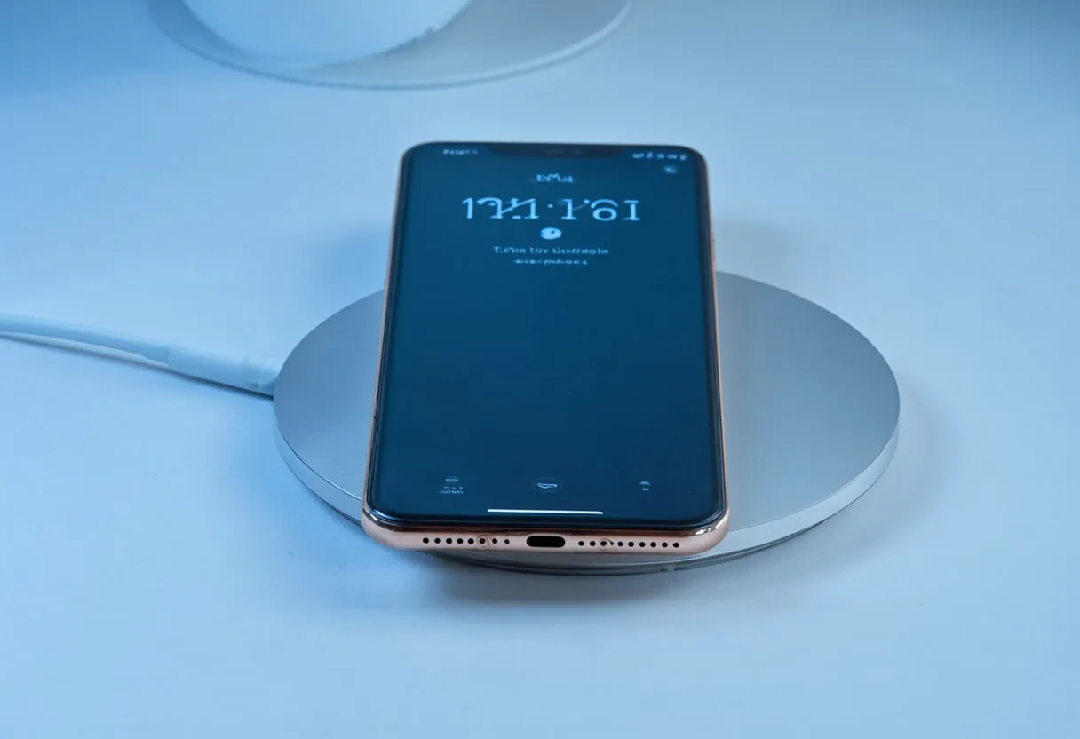Smartphone on a Wireless Charger with cool blue light