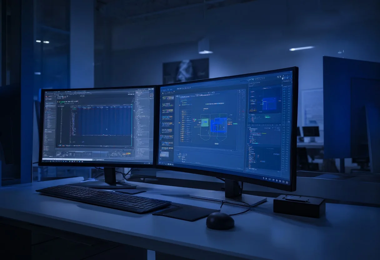 Tech Workspace at Night with cool blue light