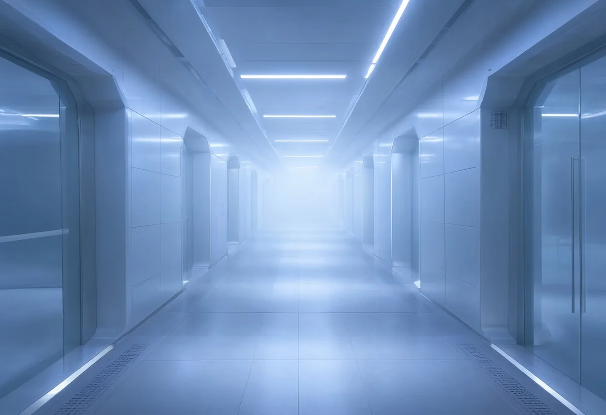 Futuristic Corridor in Fog with cool blue light