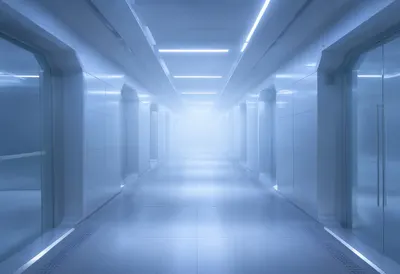 Futuristic Corridor in Fog with cool blue light