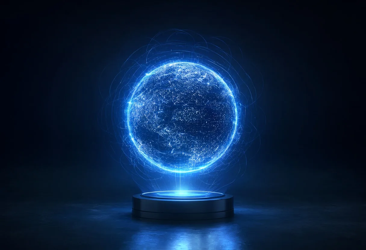 Holographic Sphere on a Plinth with cool blue light