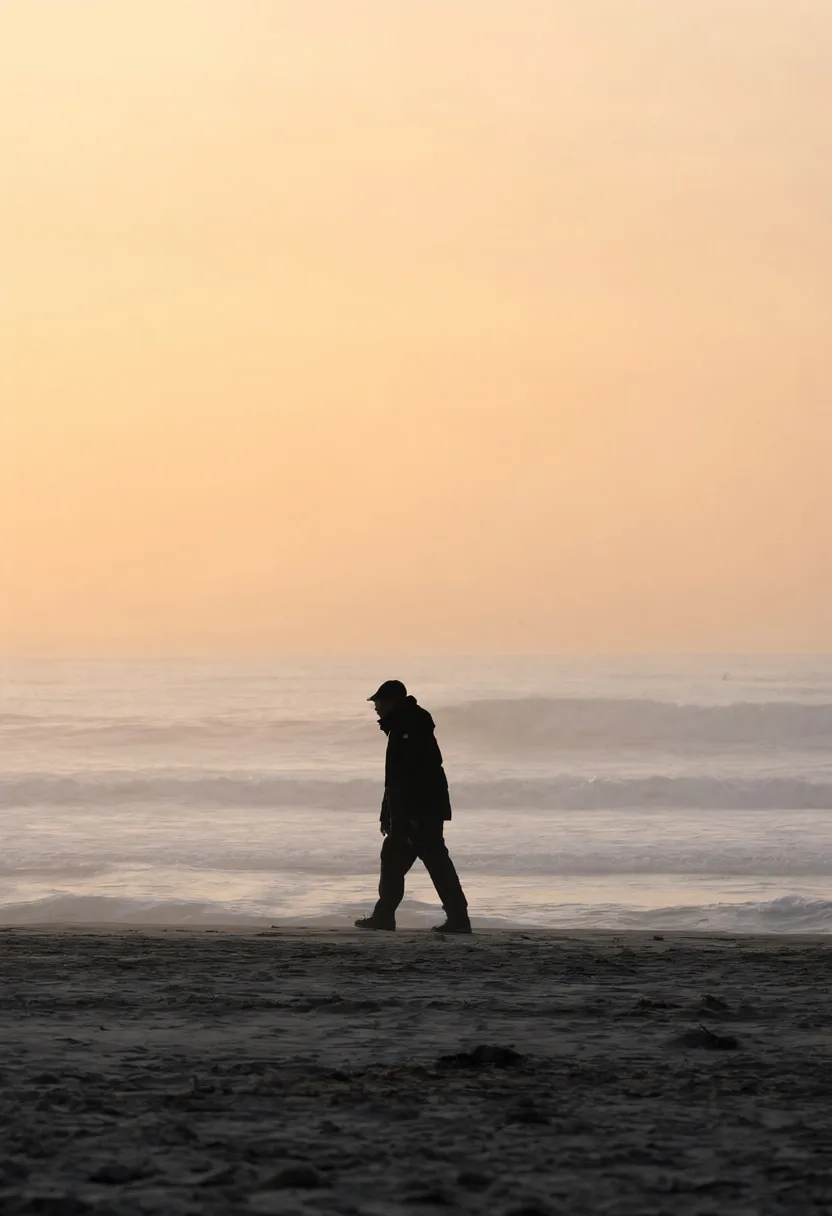 Silhouette on a Beach at Sunset in soft mist