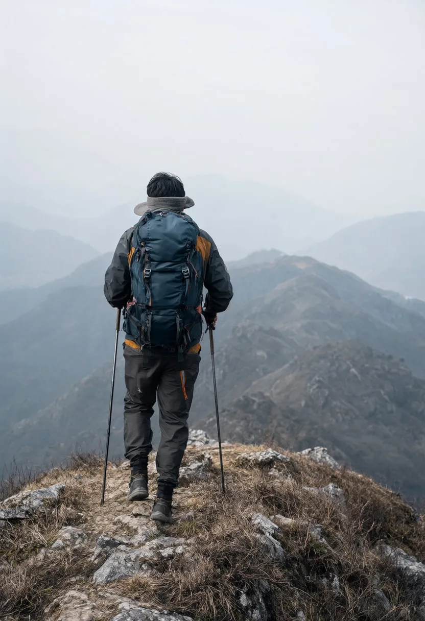 Back View of a Hiker on a Ridge in soft mist