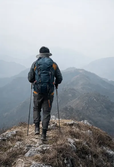 Back View of a Hiker on a Ridge in soft mist