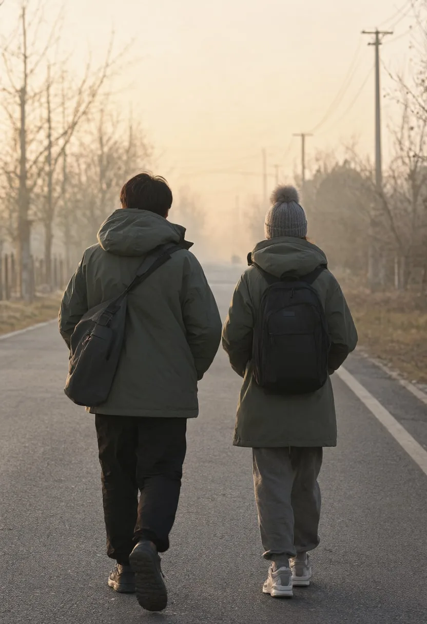 Two Friends Walking Away in soft mist