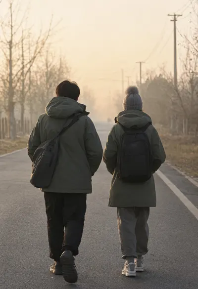 Two Friends Walking Away in soft mist