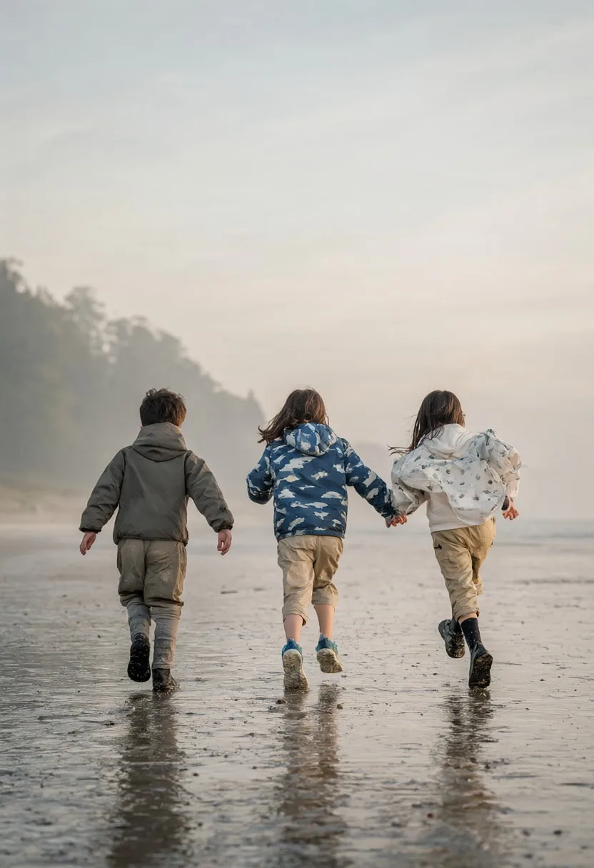 Children Running on a Beach in soft mist