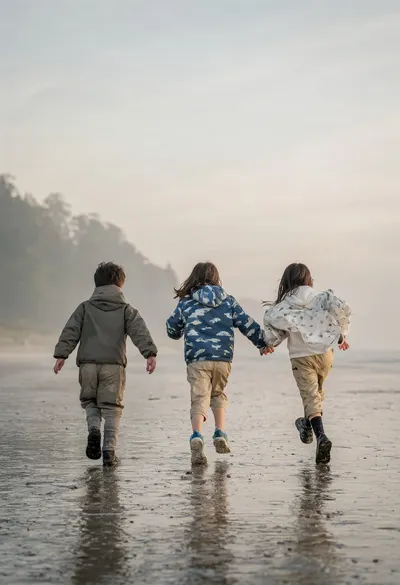 Children Running on a Beach in soft mist