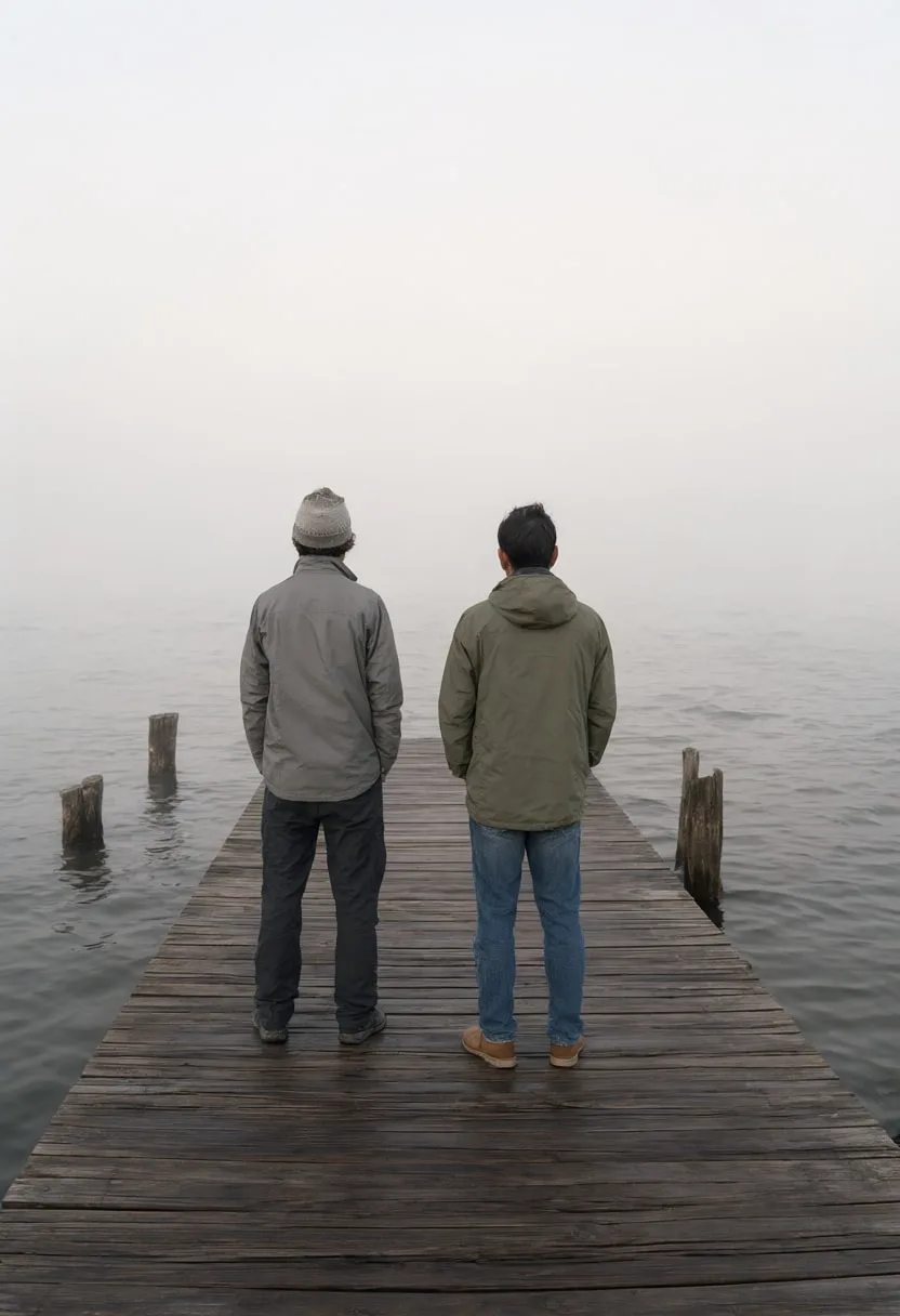 Couple on a Pier at Dawn in soft mist