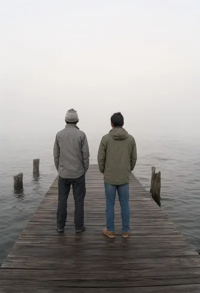 Couple on a Pier at Dawn in soft mist