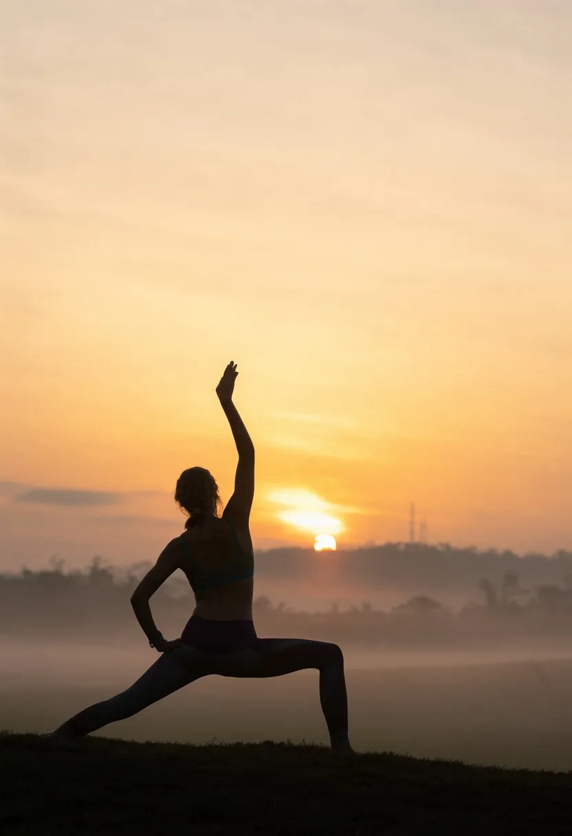 Yoga Figure at Sunrise in soft mist