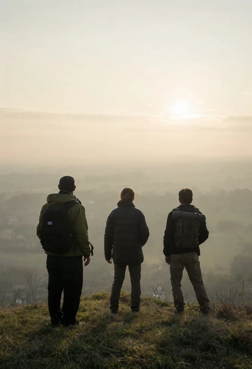 Family on a Hill Watching Sunset in soft mist