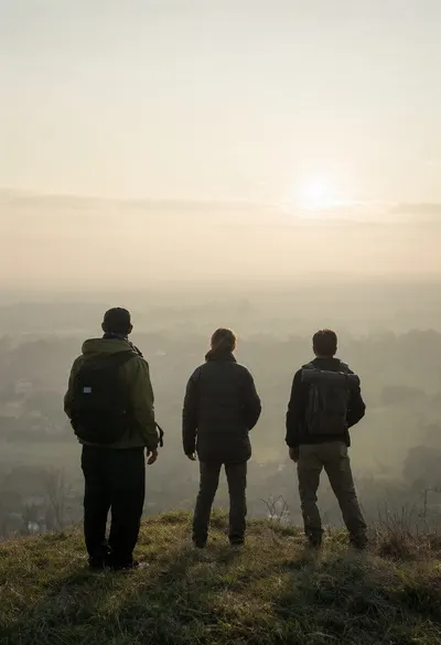 Family on a Hill Watching Sunset in soft mist