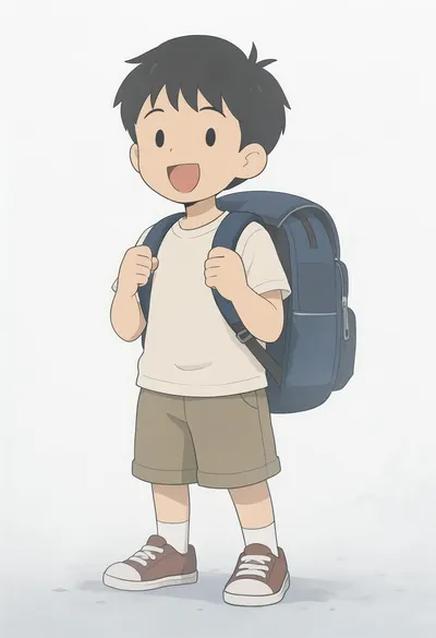 Cartoon Boy with a Backpack in soft mist