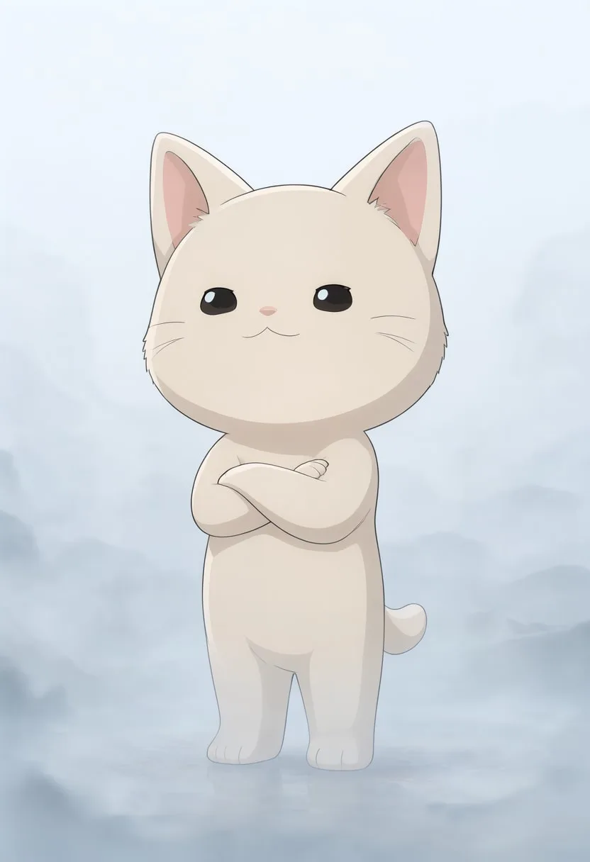 Cute Chibi Cat Character in soft mist