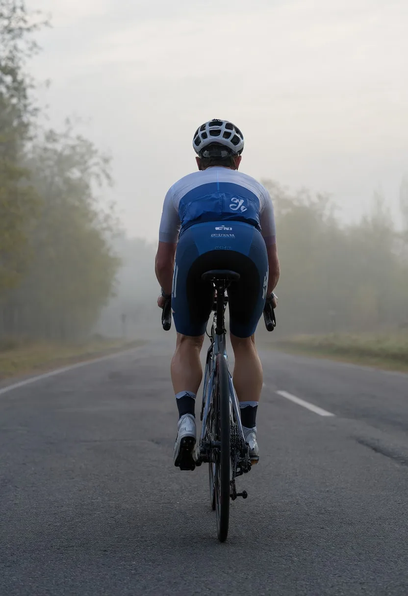 Silhouette of a Cyclist at Dusk in soft mist