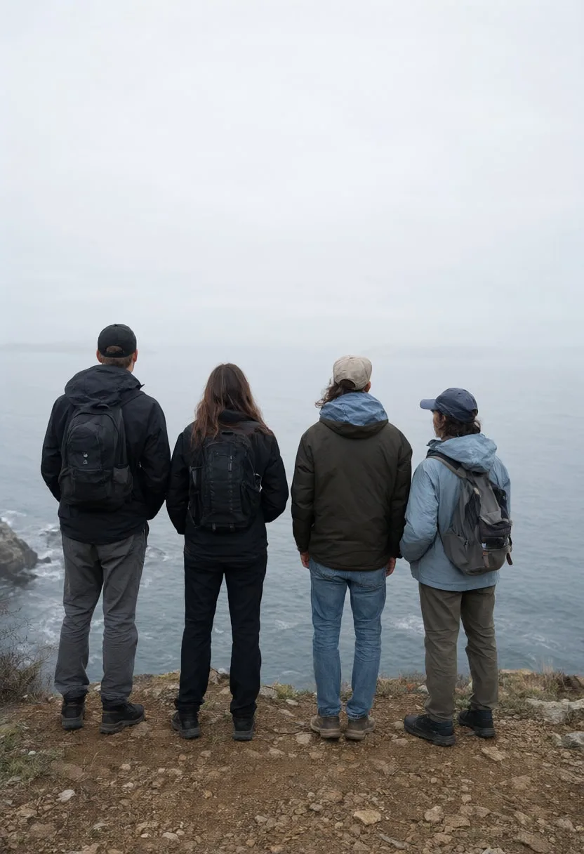 Group of Four on a Cliff in soft mist