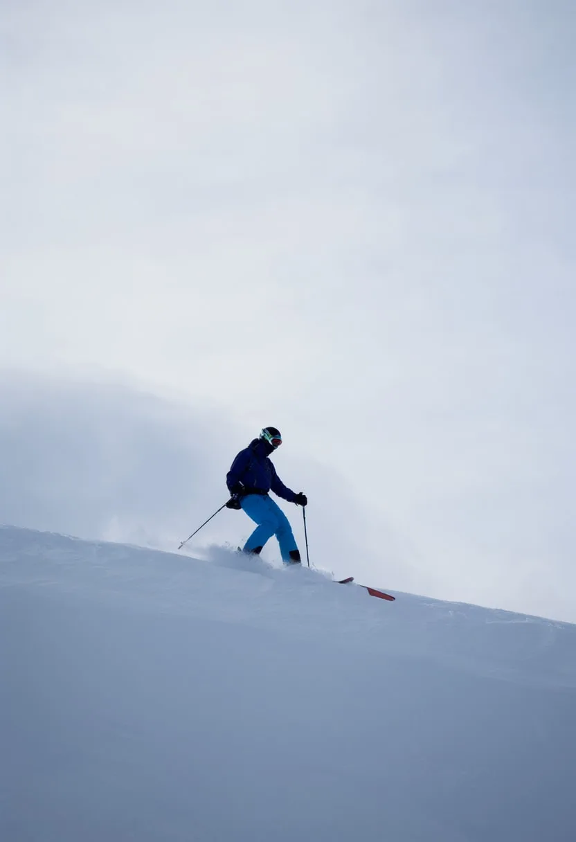 Skier Silhouette on a Ridge in soft mist