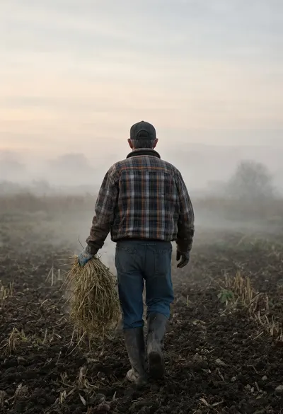 Farmer Walking through a Field in soft mist