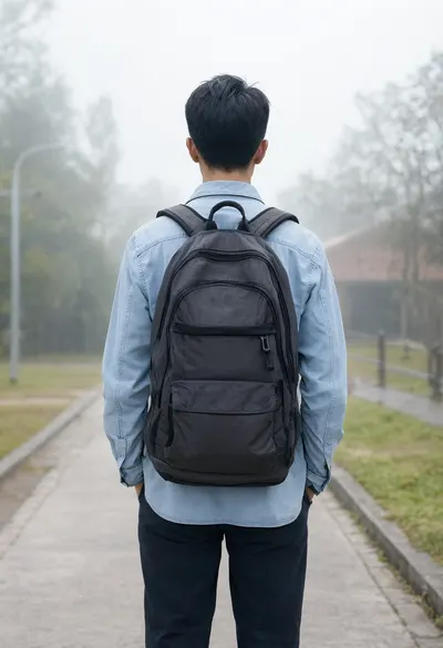 Student with a Backpack from Behind in soft mist