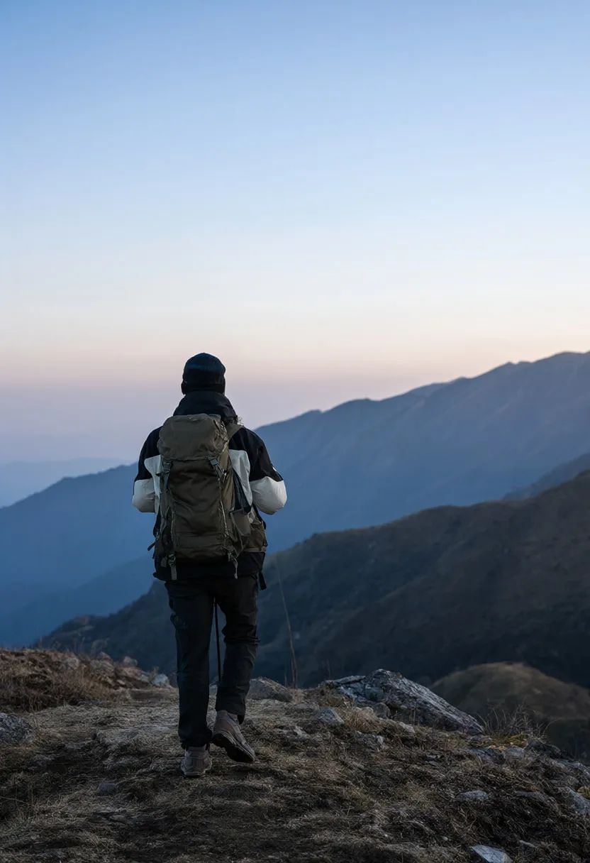 Back View of a Hiker on a Ridge at dusk