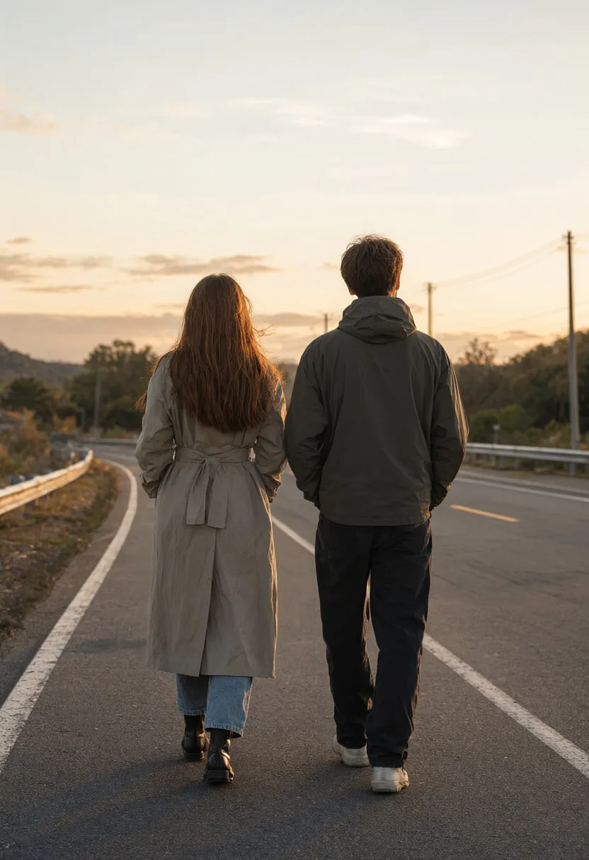 Two Friends Walking Away at dusk