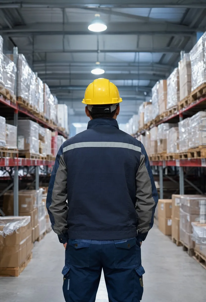 Worker in a Warehouse Aisle at dusk