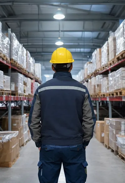 Worker in a Warehouse Aisle at dusk