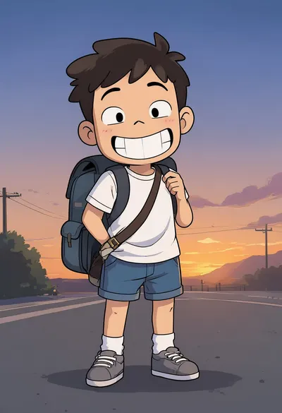 Cartoon Boy with a Backpack at dusk