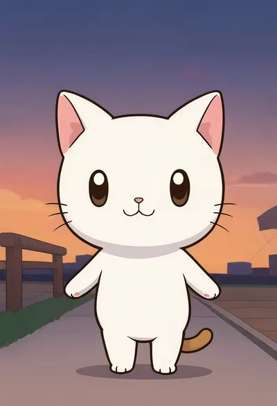 Cute Chibi Cat Character at dusk