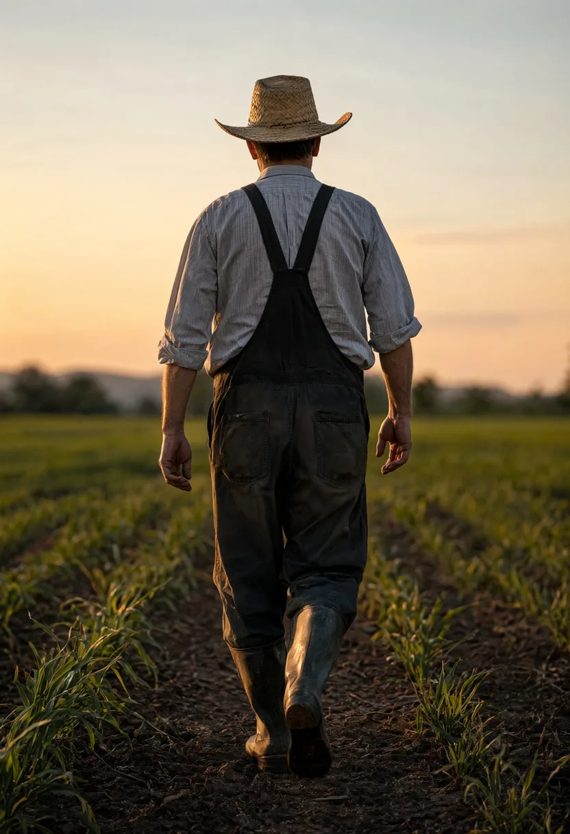 Farmer Walking through a Field at dusk