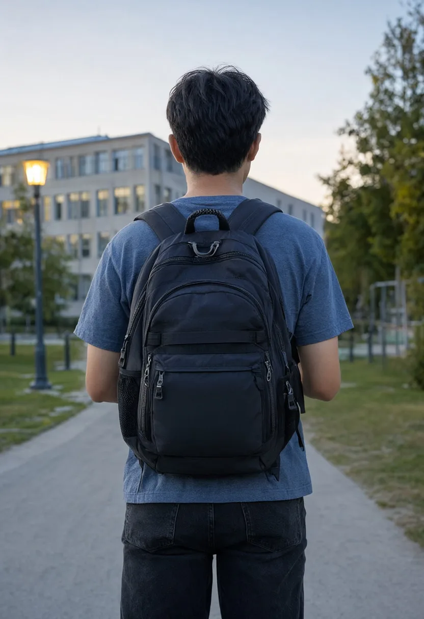 Student with a Backpack from Behind at dusk