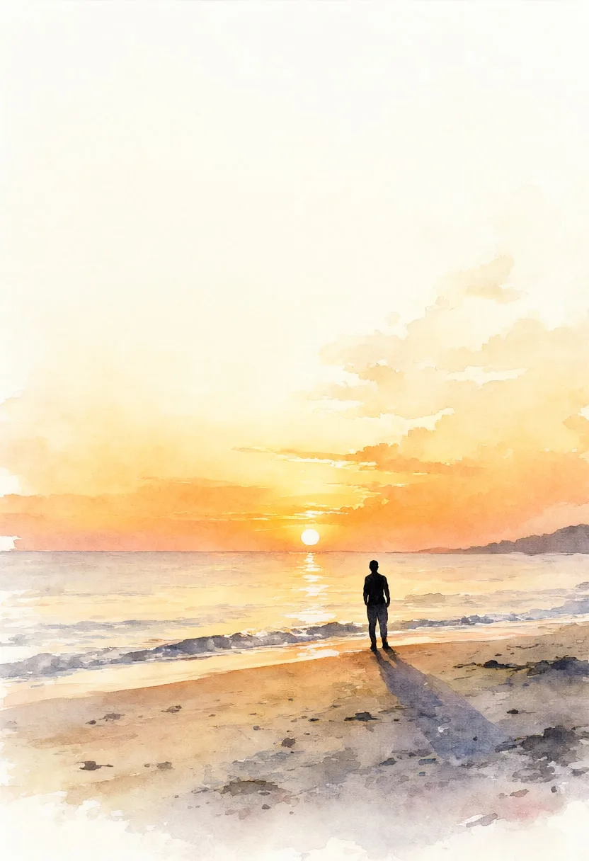 Silhouette on a Beach at Sunset in warm evening light