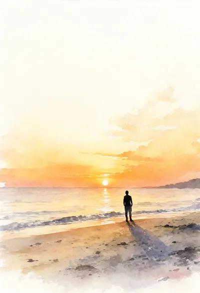 Silhouette on a Beach at Sunset in warm evening light
