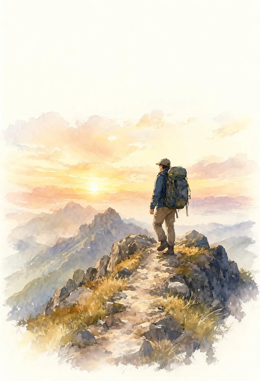 Back View of a Hiker on a Ridge in warm evening light