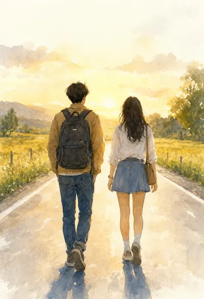 Two Friends Walking Away in warm evening light