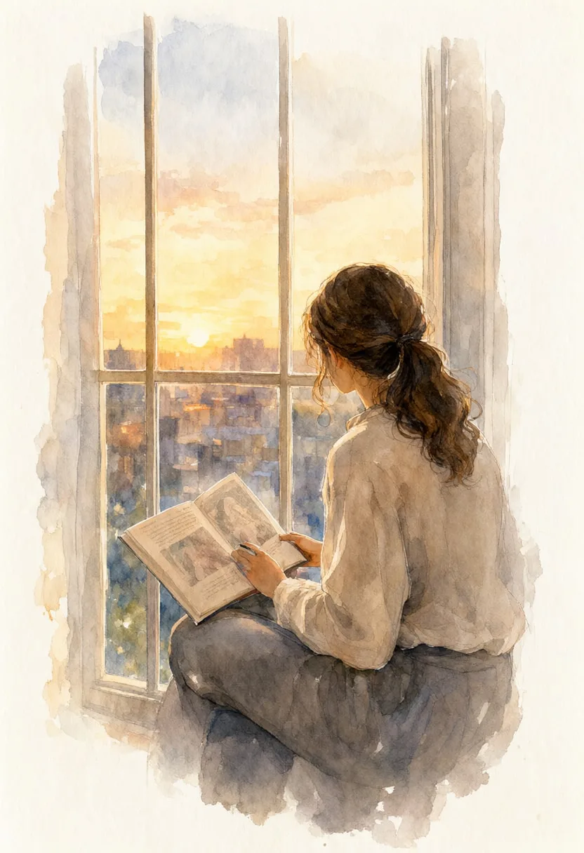 Woman Reading by a Window in warm evening light