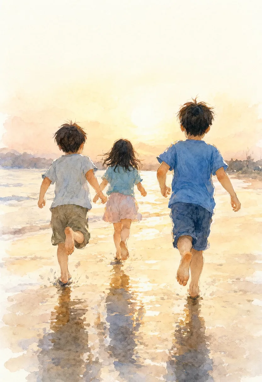 Children Running on a Beach in warm evening light