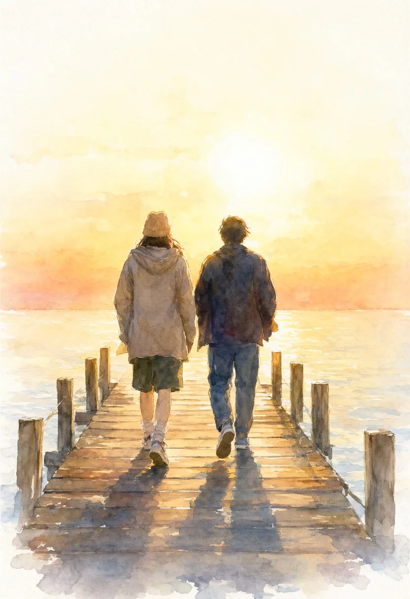 Couple on a Pier at Dawn in warm evening light