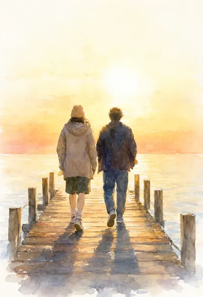 Couple on a Pier at Dawn in warm evening light