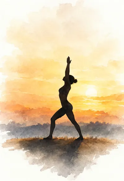 Yoga Figure at Sunrise in warm evening light