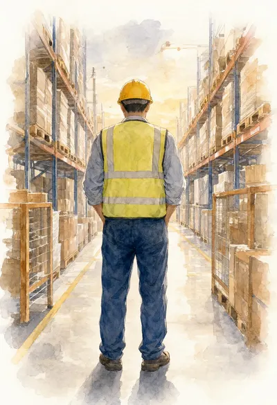 Worker in a Warehouse Aisle in warm evening light